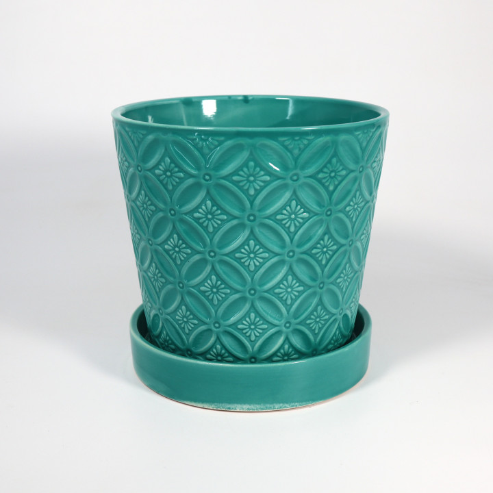 Doniczka ceramiczna z podstawką Maroko turkusowa 15 cm | Tomaszewski